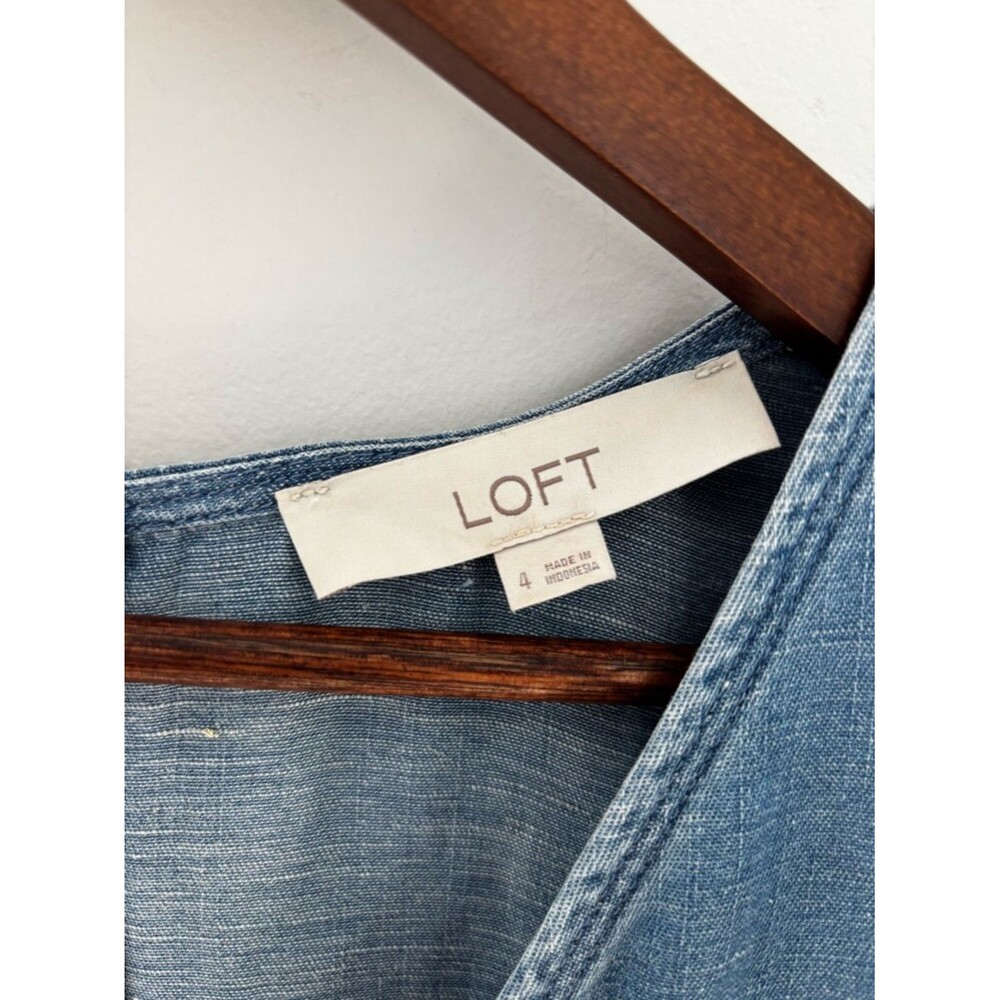 LOFT Chambray Ruffle Sleeve Dress | Soft Girl Casual Denim Mini - Picture 7 of 9